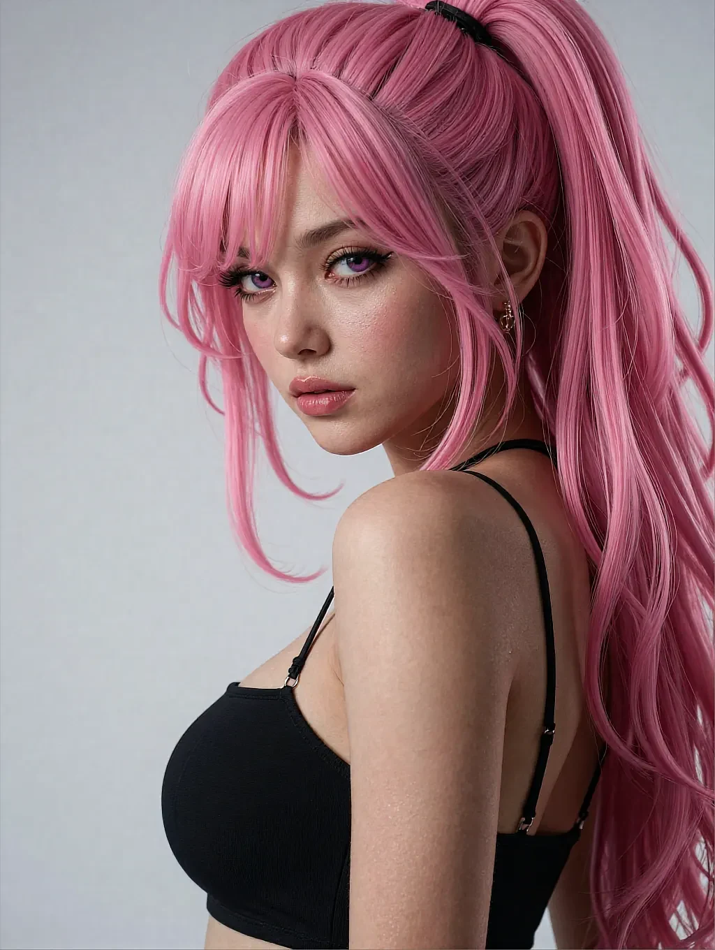 Fictional AI character with long pink hair in a black top against a plain pale wall