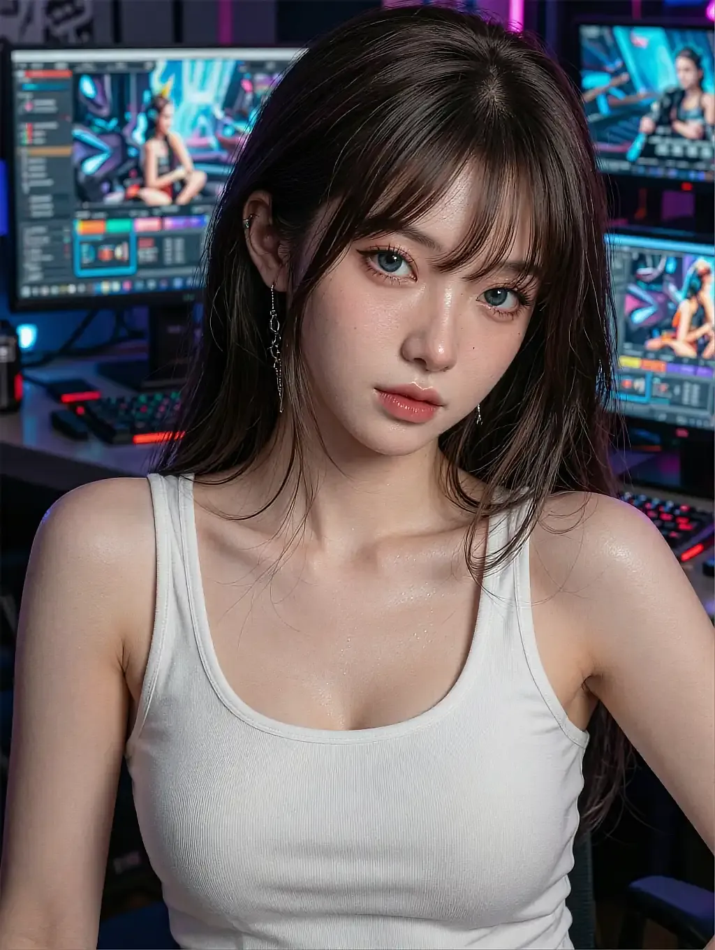 Fictional AI character in a white tank top in front of a wall of glowing monitors
